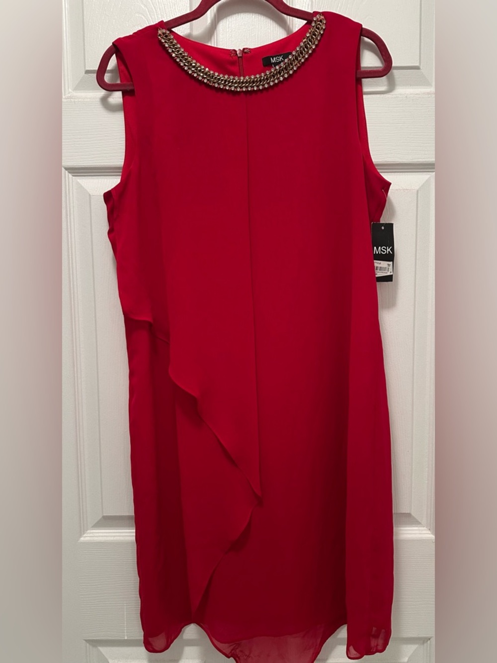 MSK Red Sleeveless Shift Dress with Beaded Collar